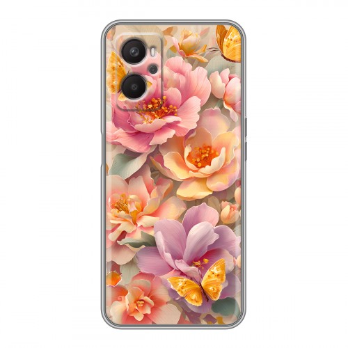 Полупрозрачный дизайнерский силиконовый с усиленными углами чехол для OPPO A96 Цветы и бабочки