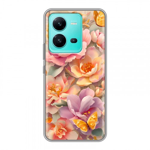 Полупрозрачный дизайнерский пластиковый чехол для Vivo V25 Цветы и бабочки