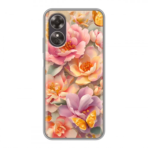 Полупрозрачный дизайнерский пластиковый чехол для OPPO A17 Цветы и бабочки