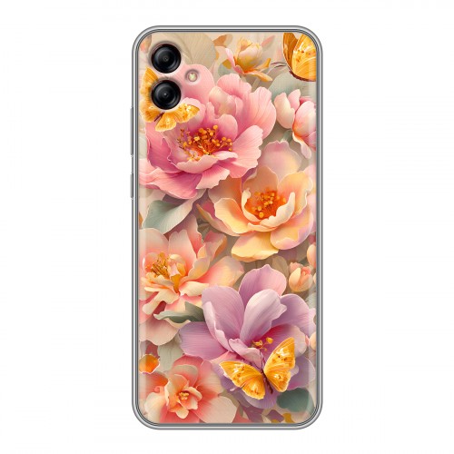 Полупрозрачный дизайнерский силиконовый чехол для Samsung Galaxy A04e Цветы и бабочки