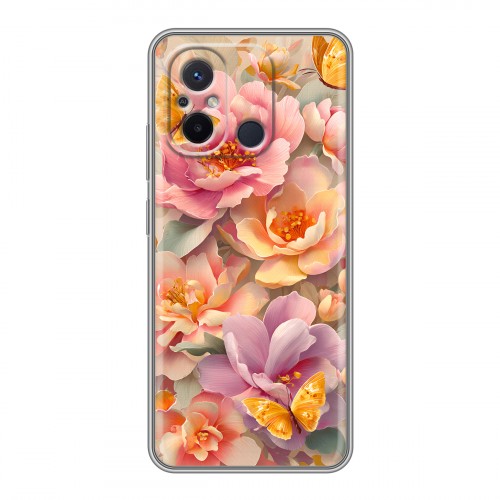 Полупрозрачный дизайнерский пластиковый чехол для Xiaomi RedMi 12C Цветы и бабочки