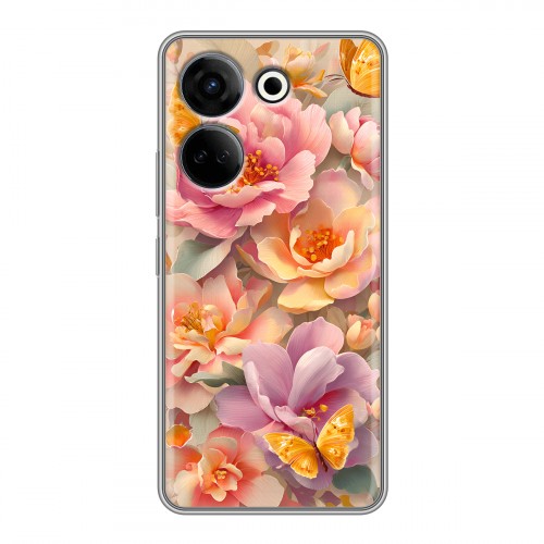 Полупрозрачный дизайнерский пластиковый чехол для Tecno Camon 20 Цветы и бабочки