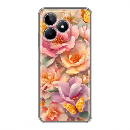 Полупрозрачный дизайнерский пластиковый чехол для Realme C53 Цветы и бабочки