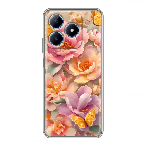 Полупрозрачный дизайнерский силиконовый чехол для Realme C63 Цветы и бабочки