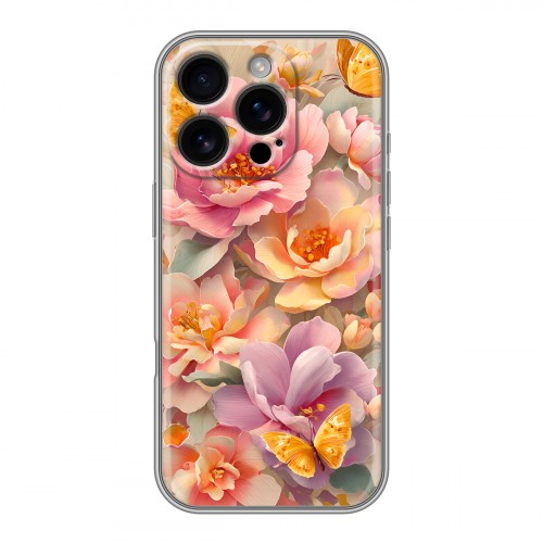 Полупрозрачный дизайнерский пластиковый чехол для Iphone 16 Pro Цветы и бабочки