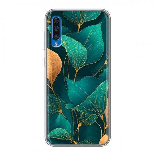 Полупрозрачный дизайнерский пластиковый чехол для Samsung Galaxy A50 Листья и золото