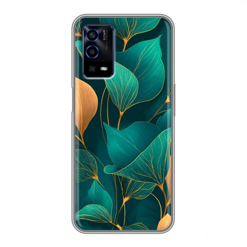 Полупрозрачный дизайнерский силиконовый с усиленными углами чехол для OPPO A55 Листья и золото