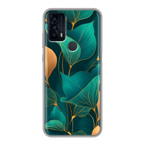 Полупрозрачный дизайнерский пластиковый чехол для TCL 20B Листья и золото