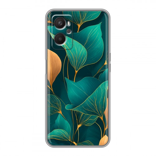 Полупрозрачный дизайнерский силиконовый с усиленными углами чехол для OPPO A96 Листья и золото