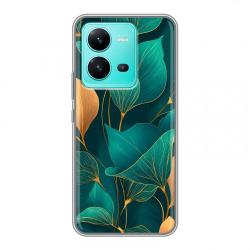 Полупрозрачный дизайнерский пластиковый чехол для Vivo V25 Листья и золото