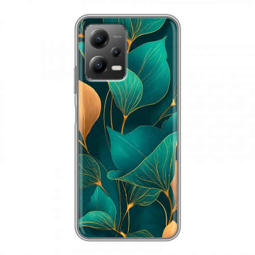 Полупрозрачный дизайнерский силиконовый чехол для Xiaomi Poco X5 Листья и золото