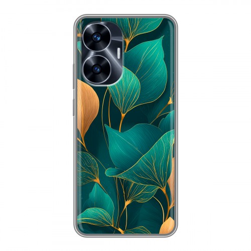 Полупрозрачный дизайнерский силиконовый чехол для Realme C55 Листья и золото