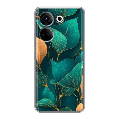 Полупрозрачный дизайнерский пластиковый чехол для Tecno Camon 20 Листья и золото