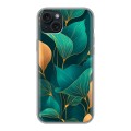 Полупрозрачный дизайнерский пластиковый чехол для Iphone 15 Plus Листья и золото