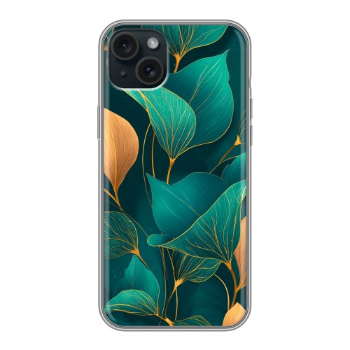 Полупрозрачный дизайнерский пластиковый чехол для Iphone 15 Plus Листья и золото