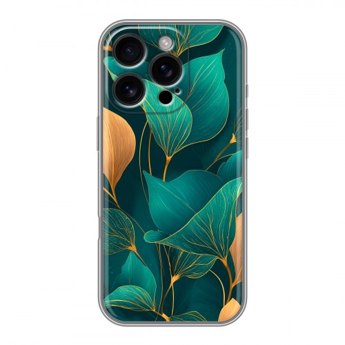 Полупрозрачный дизайнерский пластиковый чехол для Iphone 16 Pro Листья и золото