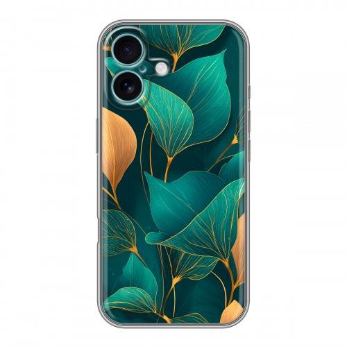 Полупрозрачный дизайнерский пластиковый чехол для Iphone 16 Plus Листья и золото