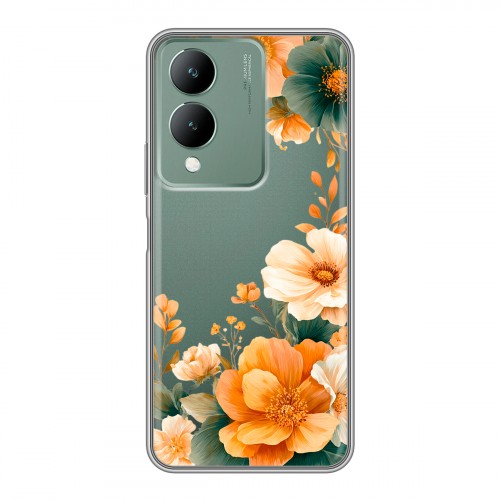 Полупрозрачный дизайнерский силиконовый чехол для Vivo Y17s Цветы принт