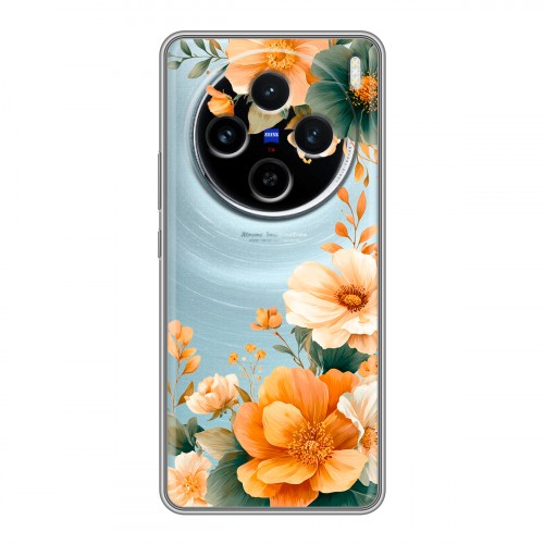 Полупрозрачный дизайнерский пластиковый чехол для Vivo X100 Цветы принт
