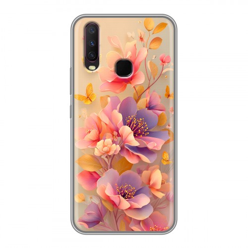 Полупрозрачный дизайнерский силиконовый чехол для Vivo Y17 Цветы и бабочки