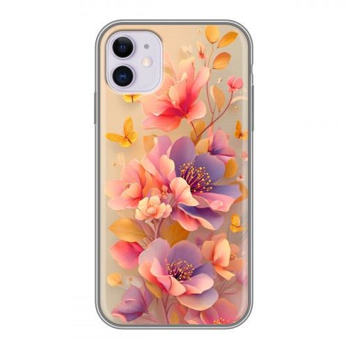Полупрозрачный дизайнерский силиконовый чехол для Iphone 11 Цветы и бабочки