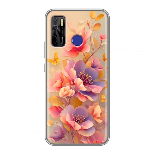 Полупрозрачный дизайнерский силиконовый чехол для Tecno Camon 15 Цветы и бабочки