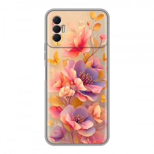Полупрозрачный дизайнерский силиконовый чехол для Tecno Spark 8P Цветы и бабочки