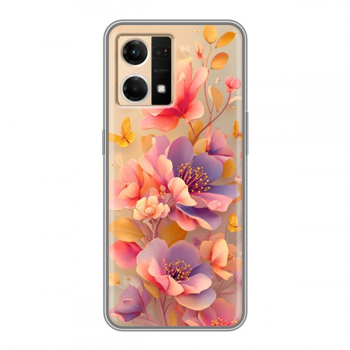 Полупрозрачный дизайнерский силиконовый чехол для OPPO Reno7 Цветы и бабочки