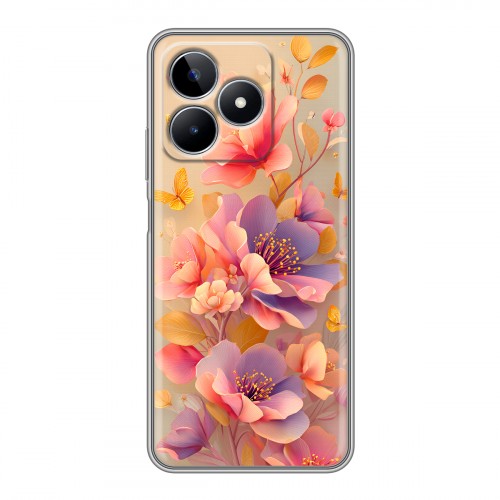Полупрозрачный дизайнерский пластиковый чехол для Realme C53 Цветы и бабочки