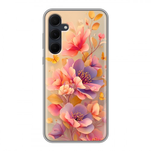 Полупрозрачный дизайнерский пластиковый чехол для Samsung Galaxy A35 Цветы и бабочки