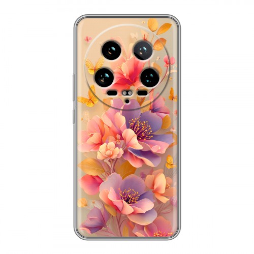 Полупрозрачный дизайнерский пластиковый чехол для Xiaomi 14 Ultra Цветы и бабочки
