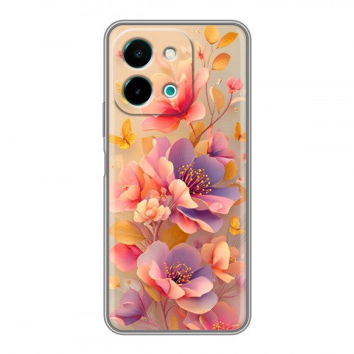 Полупрозрачный дизайнерский пластиковый чехол для Vivo Y28 Цветы и бабочки