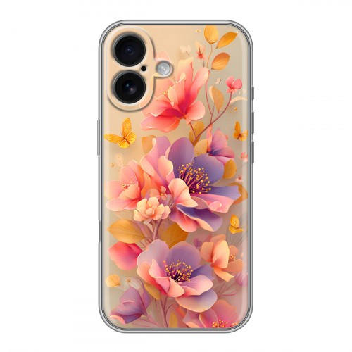 Полупрозрачный дизайнерский пластиковый чехол для Iphone 16 Цветы и бабочки