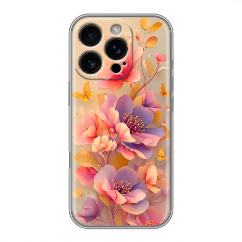 Полупрозрачный дизайнерский пластиковый чехол для Iphone 16 Pro Цветы и бабочки