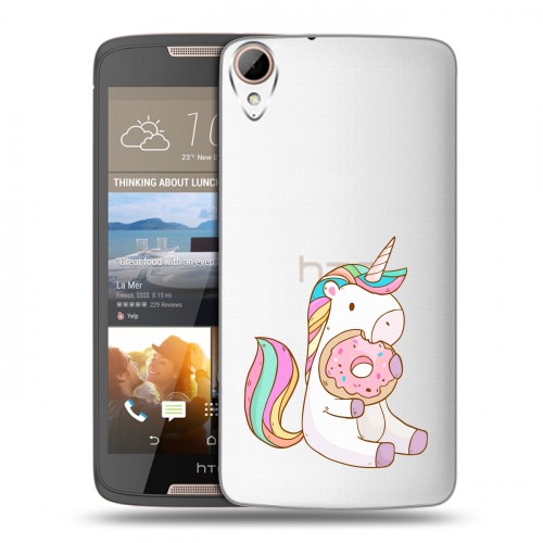Полупрозрачный дизайнерский пластиковый чехол для HTC Desire 828 Единорог и пончик