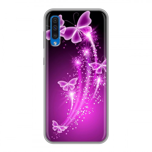 Дизайнерский силиконовый с усиленными углами чехол для Samsung Galaxy A50 Бабочки фиолетовые