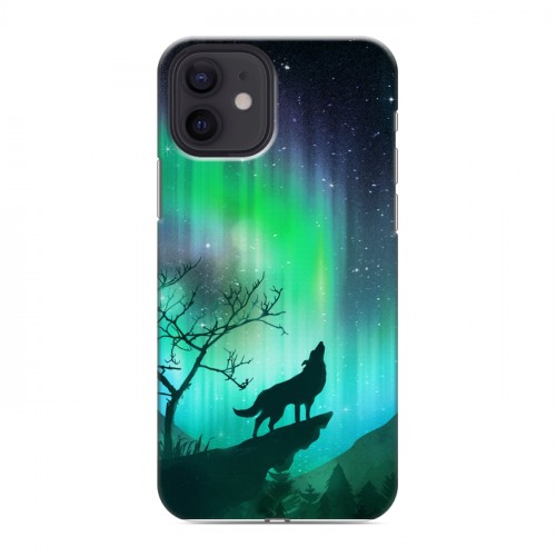 Дизайнерский силиконовый чехол для Iphone 12 Северное сияние и волк