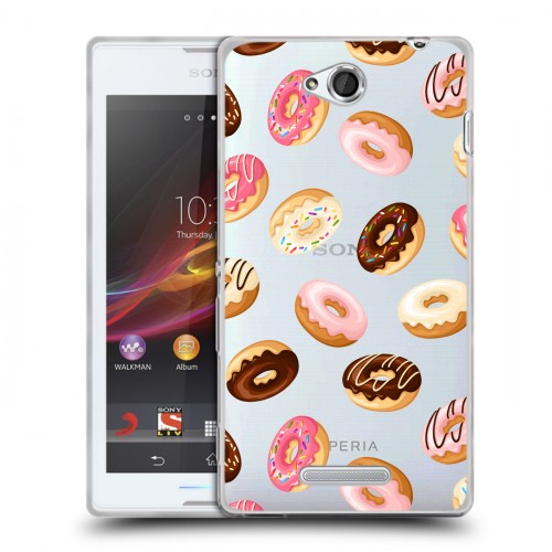 Полупрозрачный дизайнерский пластиковый чехол для Sony Xperia C Прозрачные пончики