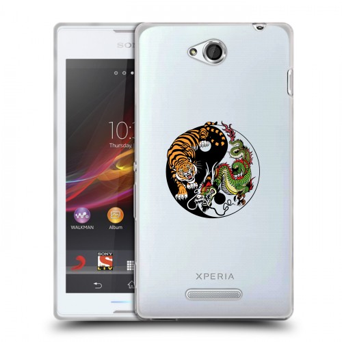 Полупрозрачный дизайнерский пластиковый чехол для Sony Xperia C Прозрачный тигр