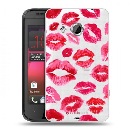 Полупрозрачный дизайнерский пластиковый чехол для HTC Desire 200 Прозрачные поцелуи