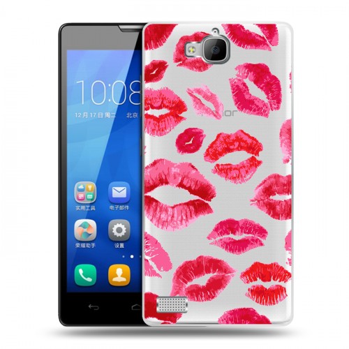 Полупрозрачный дизайнерский пластиковый чехол для Huawei Honor 3c Прозрачные поцелуи