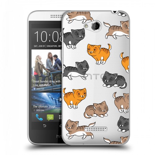 Полупрозрачный дизайнерский пластиковый чехол для HTC Desire 616 Прозрачные котята