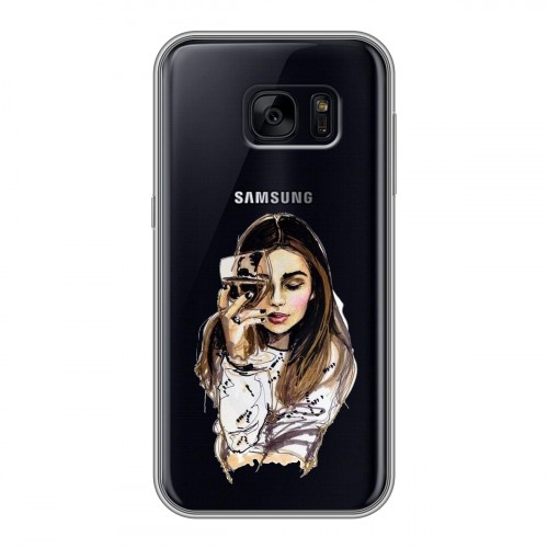 Полупрозрачный дизайнерский пластиковый чехол для Samsung Galaxy S7 Edge Девушка и бокал