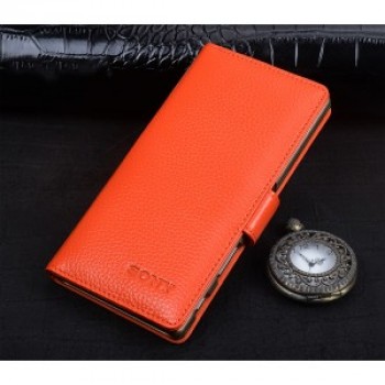 Кожаный чехол портмоне (премиум нат. кожа) с магнитной застежкой (на пластиковой основе) для Sony Xperia XA Оранжевый