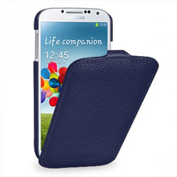 Кожаный чехол книжка вертикальная (нат. кожа) для Galaxy S4 Синий