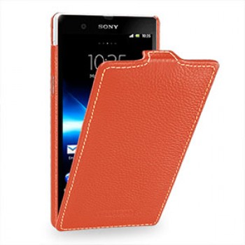 Кожаный чехол вертикальная книжка (нат. кожа) для Sony Xperia Z Оранжевый
