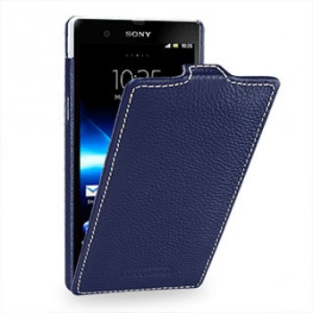 Кожаный чехол вертикальная книжка (нат. кожа) для Sony Xperia Z Синий