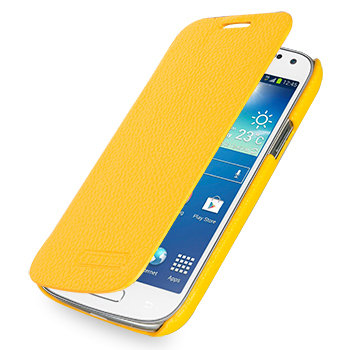 Кожаный чехол книжка горизонтальная (нат. кожа) для Samsung Galaxy S4 Mini желтая