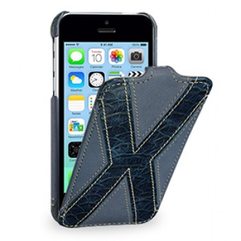 Кожаный премиум чехол книжка вертикальная (2 вида нат. кожи) серия X Style для Iphone 5c синяя/синяя