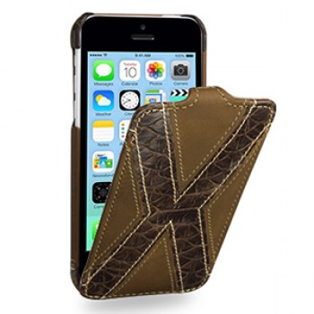 Кожаный премиум чехол книжка вертикальная (2 вида нат. кожи) серия X Style для Iphone 5c коричневая/коричневая